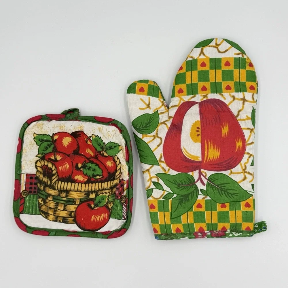 VTG Apple Kitchen Oven Mitt Potholder Set Cottagecore‎ Farmhouse Country 80s